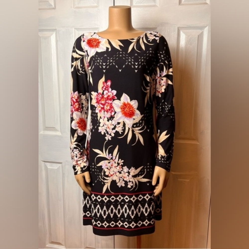 VINCE CAMUTO Navy Blue Floral Knee Length Boat Neck Work Dress - Size 8